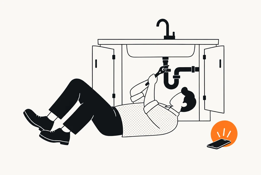Illustration : un plombier allongé sous un évier, la clé à molette en main, pendant que son téléphone sonne au sol.